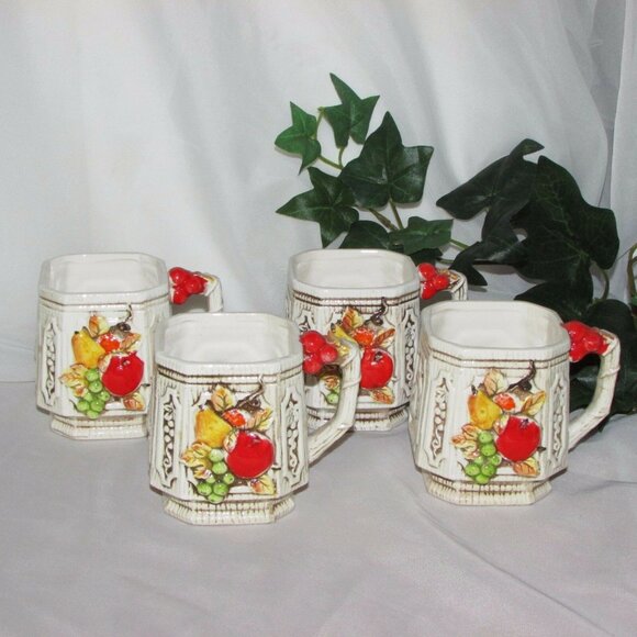 4 Vintage Ceramic Coffee Mugs Hand Painted Fruit Majolica Japan Kitchen Decor - Picture 11 of 11